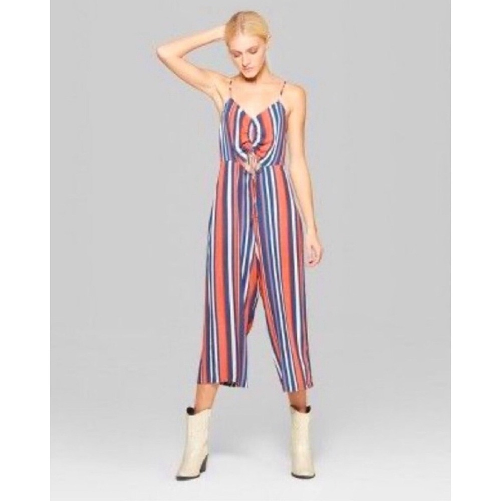 Wild Fable Sz MED Red White Blue  Striped Cutout Front Jumpsuit Wide Leg Cropped